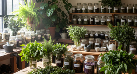 A rustic herbalist workshop filled with shelves of glass jars containing dried herbs and tables covered in fresh green plant bundles. The scene suggests natural medicine, botany, and organic preparation.の素材