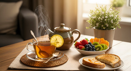 A delicious breakfast spread featuring a steaming glass cup of tea with a lemon slice accompanied by toast with jam and a bowl of fresh mixed fruits. The setting is bright and sunny with a pot of flowers evoking a healthy morning routine.の素材