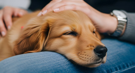 A close-up of an adorable golden retriever puppy sleeping peacefully on a person's lap while being gently stroked. The scene captures warmth, comfort, and the loving bond between a pet and its owner in a domestic setting.の素材