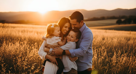 A loving family of four embraces warmly in a golden wheat field during sunset. The parents and two young children smile and hold each other, capturing a moment of connection and happiness in the outdoors.の素材