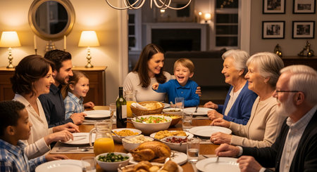 A large, happy multigenerational family enjoys a festive dinner together at a dining table with roast poultry. A young boy points and laughs, creating a lively and heartwarming atmosphere of connection and celebration.の素材