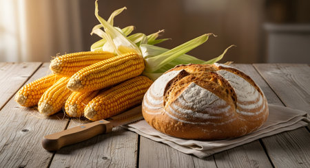 Fresh yellow corn cobs with husks and a rustic loaf of sourdough bread rest on a wooden table. A knife lies nearby, suggesting a preparation for a wholesome farm-to-table meal.の素材