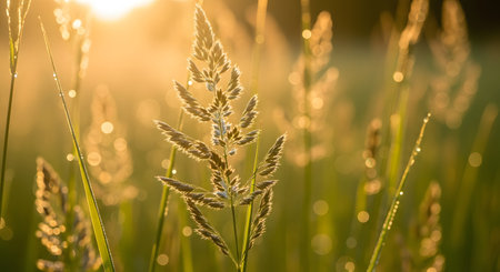 Close-up of tall grass stalks illuminated by the warm golden light of the setting sun. The backlit image highlights the texture and details of the nature, creating a dreamy and serene atmosphere.の素材