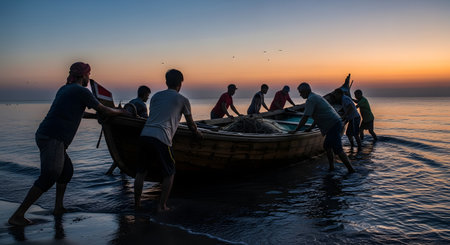 A group of fishermen work together to push a traditional wooden boat into the ocean at sunrise. The silhouettes against the colorful morning sky capture the hard work and community spirit of coastal life.の素材