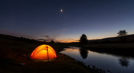 An orange camping tent glows warmly beside a calm river under a starry night sky with a crescent moon. The peaceful scene captures the essence of outdoor adventure and solitude in a dark, silhouette-lined landscape.の素材