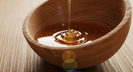A close-up shot of thick, golden honey being poured into a smooth wooden bowl, creating ripples on the surface. The image captures the rich texture, sweetness, and natural purity of the organic product.の素材