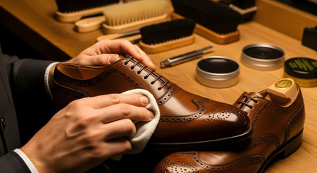 Close-up of a person's hands polishing a brown leather dress shoe with a white cloth. In the background, a wooden table displays various shoe care accessories like brushes, polish tins, and wooden shoe trees, emphasizing craftsmanship and care.の素材