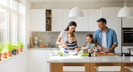 A happy family cooking together in a modern white kitchen, with parents helping their children prepare food. They are chopping vegetables and mixing ingredients, enjoying quality bonding time.の素材