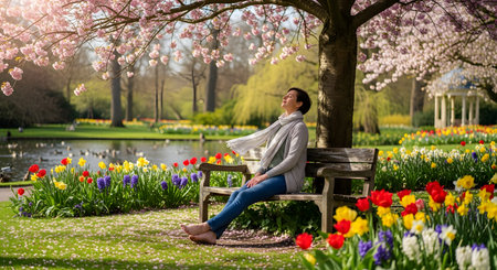 A woman sits on a wooden bench in a park, soaking up the sun with her eyes closed, surrounded by blooming spring flowers. Cherry blossoms and tulips add vibrant colors to the peaceful garden scene.の素材