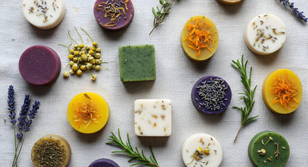 A top-down view displays an assortment of round and square handmade soap bars embedded with dried herbs and flowers. The colorful and textured composition highlights natural beauty and organic skincare.の素材