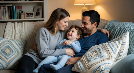 A happy young family sitting on a sofa in their living room looking lovingly at their smiling baby boy. The intimate moment captures the joy of parenthood and close family bonding in a comfortable home setting.の素材