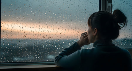 A woman with a messy bun looks out a window covered in raindrops during a gloomy evening. The image captures a mood of contemplation, solitude, or melancholy as she watches the weather outside.の素材