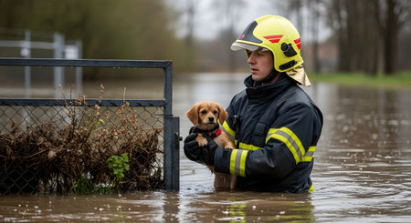 A brave firefighter in a yellow helmet wades through deep floodwater holding a rescued brown puppy. The scene captures the heroic efforts of emergency responders during a natural disaster to save lives, including animals.の素材