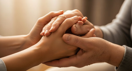 A close-up shot of two people holding hands, conveying a strong sense of support, comfort, and empathy. The warm lighting highlights the connection and emotional bond between the individuals, likely a caregiver and a senior or a parent and child.の素材