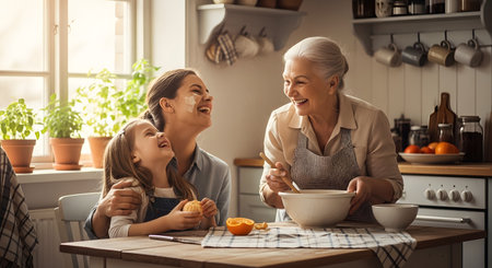 Three generations of happy women, a grandmother, mother, and daughter, laugh together while baking in a cozy kitchen. The scene captures a heartwarming family moment filled with love and culinary tradition.の素材