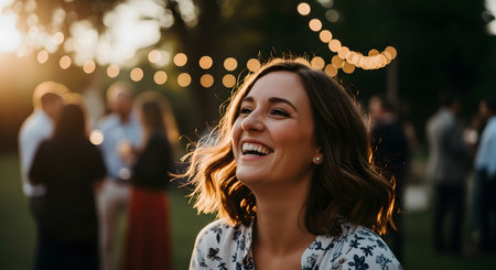 A joyful young woman laughs candidly at an outdoor garden party in the evening. String lights and blurred guests in the background create a festive and warm social atmosphere.の素材