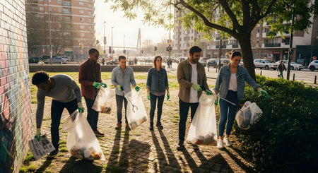 A diverse group of young volunteers participates in a community cleanup event in an urban park. They are wearing casual clothes and using grabber tools to pick up trash and plastic into bags contributing to environmental sustainability.の素材