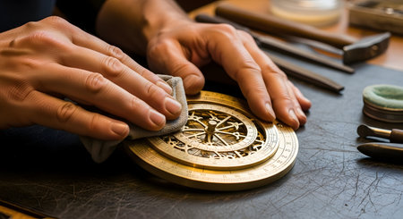 A craftsman's hands carefully cleaning and polishing a vintage brass astrolabe or navigational instrument on a leather workbench. Various precision tools are scattered nearby, emphasizing the delicate restoration process of the antique object.の素材