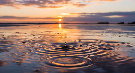 A close-up of a water droplet creating concentric ripples on a calm surface during a golden sunset. The reflection of the sun and the sky creates a tranquil and abstract natural scene, symbolizing peace and clarity.の素材