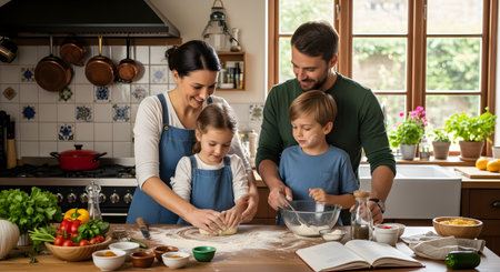 A happy family of four including parents and two young children stands at a kitchen counter preparing dough together. They are smiling and having fun while surrounded by fresh ingredients like vegetables and flour.の素材