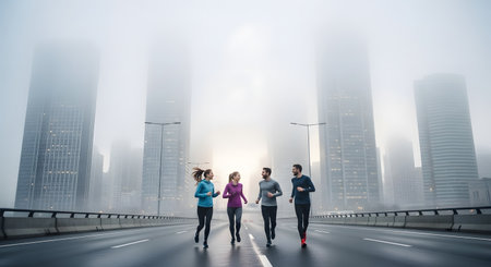 A group of four fit runners jogging together on a wide city road during a foggy morning. Skyscrapers loom in the misty background, emphasizing an urban fitness lifestyle and dedication to training.の素材