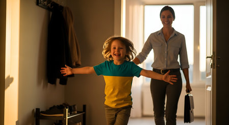 A joyful young boy runs with open arms to greet his mother who is entering the front door with a briefcase. The scene captures a heartwarming moment of family reunion after a work day in a modern home hallway.の素材