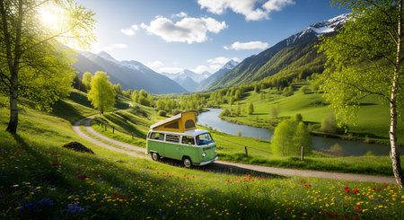 A vintage green camper van with a pop-up roof drives along a winding dirt road through a lush mountain valley next to a river. The landscape features green grassy hills colorful wildflowers and snowy peaks under a blue sky.の素材