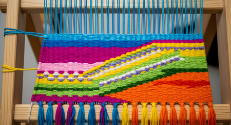 A colorful tapestry is being woven on a small wooden loom, featuring vibrant stripes and patterns in pink, blue, green, and orange yarn. The close-up highlights the texture and craftsmanship of the handmade textile art.の素材