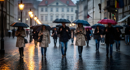 A crowd of people walking with umbrellas on a wet cobblestone street in a European city. The scene captures a gloomy rainy evening with street lights reflecting on the slick pavement.の素材