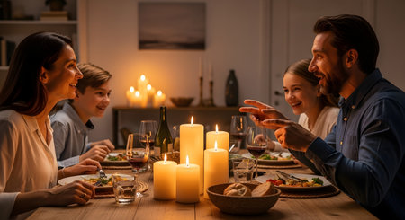 A happy family of four enjoys a cozy dinner by candlelight at home. They are engaged in lively conversation and laughter, creating a warm atmosphere of togetherness and bonding over a meal.の素材