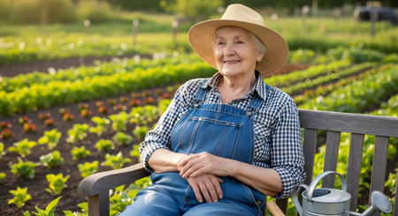 A cheerful elderly woman wearing a straw hat and denim overalls relaxes on a wooden bench in a lush vegetable garden. A metal watering can sits beside her, and she smiles contentedly, enjoying the fruits of her labor in the afternoon sun.の素材