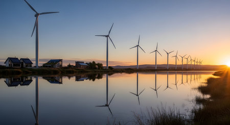 A row of majestic wind turbines stands near a body of water during a vibrant sunset, creating reflections on the calm surface. Small houses are visible in the distance, emphasizing the harmony between renewable energy infrastructure and the natural landscape.の素材