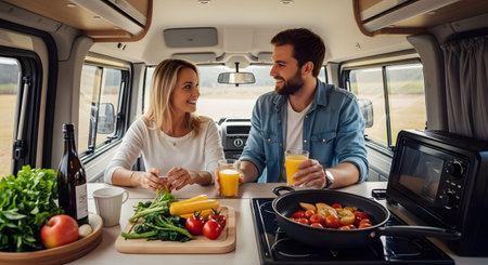 A smiling couple sits at a table inside their camper van, enjoying breakfast with orange juice and fresh vegetables. The cozy interior and window view suggest a relaxed van life road trip adventure.の素材