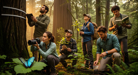 A team of diverse scientists and researchers working together in a dense forest to study nature. They are using various tools like cameras, tablets, and measuring tapes to examine trees, plants, and wildlife.の素材