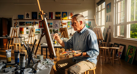 A focused senior male artist paints on a canvas while sitting at an easel in a sunlit art studio. The room is filled with various paintings and art supplies creating a creative and inspiring atmosphere.の素材