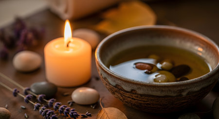 A calming spa composition featuring a ceramic bowl of oil with stones, a lit candle, and dried lavender sprigs on a wooden surface. The soft lighting creates a peaceful ambiance perfect for aromatherapy and relaxation.の素材