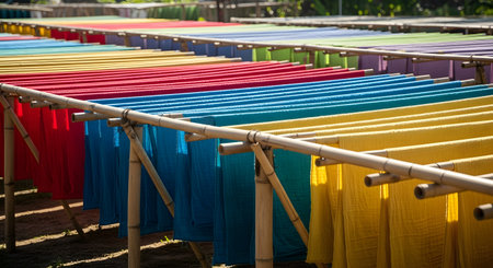 Vibrant rows of dyed fabric in red, blue, yellow, and green hang drying on traditional bamboo racks under the sun. This scene captures the textile production process, likely related to traditional craftsmanship or batik making.の素材