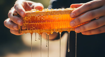 Close-up of a beekeeper's hands holding a wooden frame filled with golden honeycomb. Fresh honey drips from the comb illuminated by natural sunlight emphasizing the raw and organic nature of the product.の素材