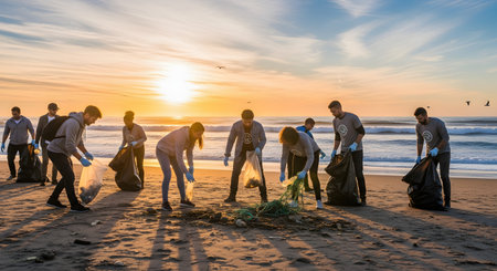 A diverse group of volunteers cleaning up a sandy beach at sunset, collecting plastic waste into bags. The image highlights community effort, environmental awareness, and the fight against ocean pollution.の素材