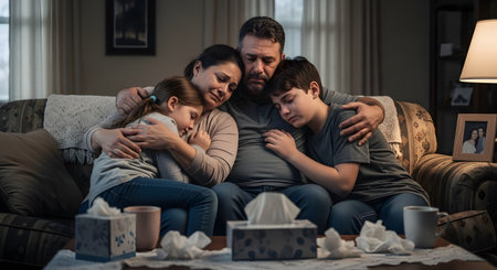 A sorrowful family sits huddled together on a living room couch, hugging each other for support. The parents and two children appear to be grieving or dealing with a difficult situation, with tissues on the table.の素材