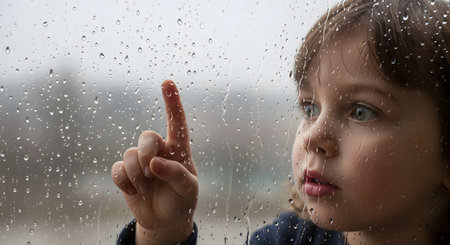 A close-up of a young child pressing their finger against a window pane covered in rain droplets. The child gazes out with curiosity and wonder, highlighting themes of childhood innocence and rainy weather.の素材