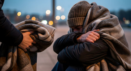 A poignant scene of a helping hand offering a warm blanket to a homeless man huddled in the cold on an urban street. The image captures themes of charity, poverty, and human compassion during winter evenings.の素材