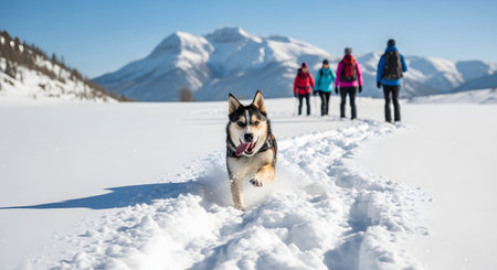 A cheerful husky dog running energetically through deep snow towards the camera. In the background, a group of hikers treks across the frozen landscape towards snowy mountains.の素材