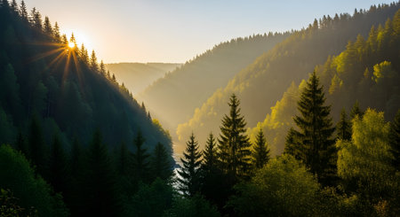 A majestic landscape of a pine forest valley illuminated by golden sunrise rays bursting through the trees. A river winds through the misty mountains, creating a breathtaking and serene wilderness scene.の素材
