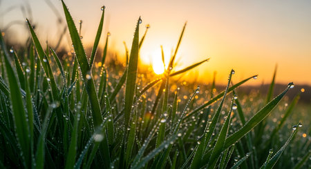 Close-up of fresh green grass blades covered in sparkling dew drops, backlit by the warm glow of a sunrise. The macro shot captures the purity and freshness of nature in the early morning light.の素材