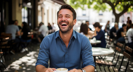 A handsome man laughs heartily while enjoying a cup of coffee at an outdoor cafe table on a sunny day. His genuine expression of joy and the blurred street background convey a relaxed urban lifestyle.の素材