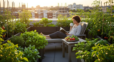 A young woman relaxes on a rooftop garden at sunset, reading a book and drinking tea amidst lush vegetable plants. The warm golden light illuminates the urban city skyline in the background.の素材