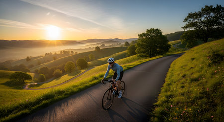 A cyclist rides along a winding paved road through lush green rolling hills during a breathtaking sunrise. The golden light floods the misty valley, creating a serene and energetic atmosphere for morning exercise.の素材
