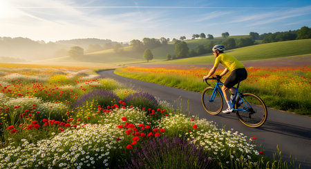 A male cyclist rides a road bike along a paved path through a vibrant field of wildflowers and rolling green hills. The sunny landscape highlights an active lifestyle and the beauty of nature in spring or summer.の素材