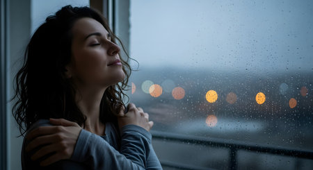A peaceful woman stands by a window covered in raindrops, hugging herself with her eyes closed. The scene conveys a sense of comfort, introspection, and self-care amidst a gloomy, rainy atmosphere.の素材